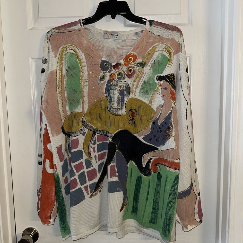 Vtg Kolorway Sweater Womens Hand Painted Beverly Hills Art to Wear Size 2 (14)